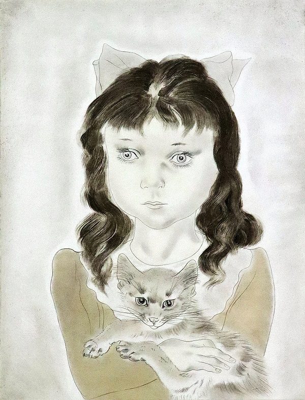 藤田嗣治、猫を抱く少女、希少画集より、新品額装付｜絵画